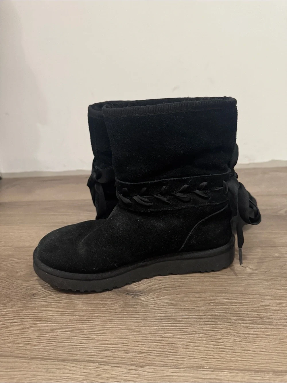 UGG Black Suede Girls Winter Boots with Braided Trim